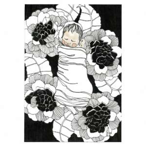 Bébé en fleurs - dessin encre de Chine