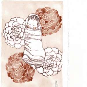 Bébé en fleurs - gravure et encre végétale