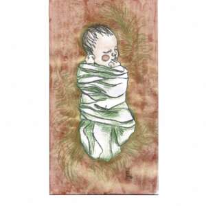 Bébé et plumes - gravure, encre végétale, crayon