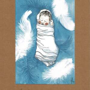 Bébé et plumes - dessin et cyanotype