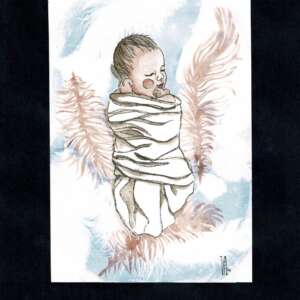 Bébé et plumes - gravure et cyanotype